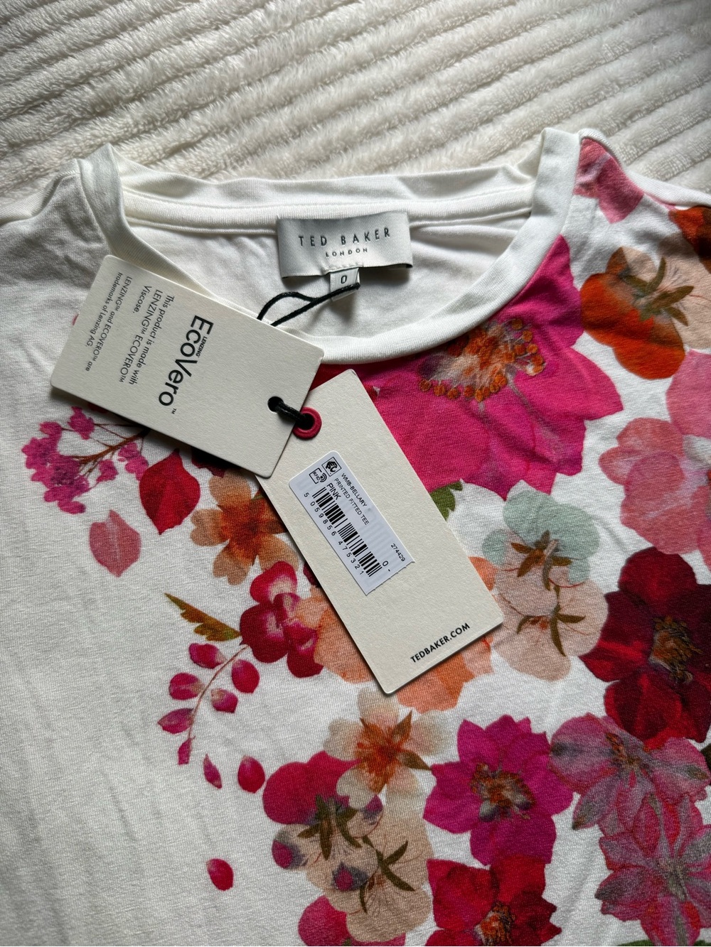 Ted Baker White Floral Crewneck Tee with Pink & Orange Blooms - Picture 3 of 8